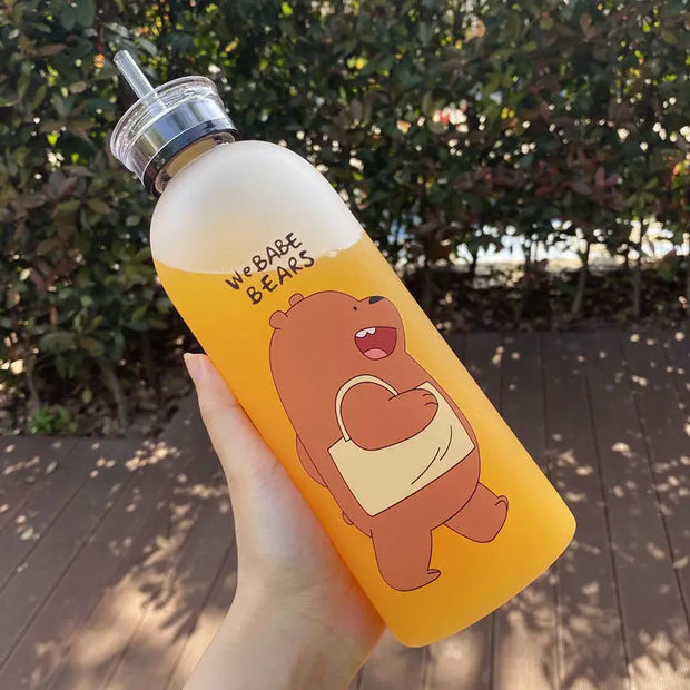 Cute Panda Bear Water Bottles 1000ml with Straw – Frosted Leak-Proof Cartoon Shaker Cup