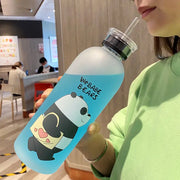 Cute Panda Bear Water Bottles 1000ml with Straw – Frosted Leak-Proof Cartoon Shaker Cup