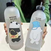 Cute Panda Bear Water Bottles 1000ml with Straw – Frosted Leak-Proof Cartoon Shaker Cup